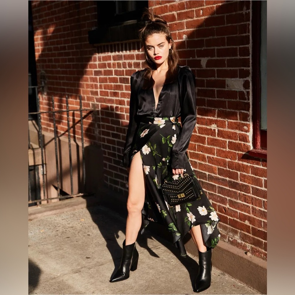 The Kooples Black Silk Printed Asymmetrical Skirt